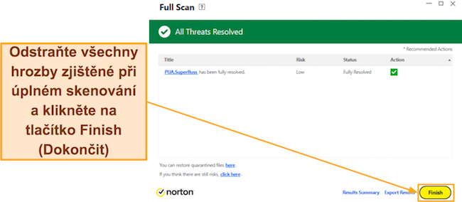 Snímek obrazovky ukazující, jak dokončit úplnou kontrolu Norton