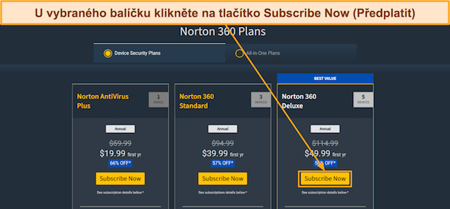 Snímek obrazovky cenových plánů Nortonu
