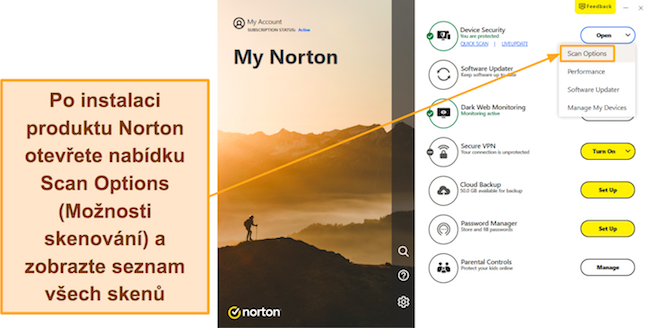 Snímek obrazovky znázorňující přístup k nabídce Možnosti skenování Norton