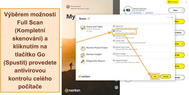 Snímek obrazovky ukazující, jak spustit Norton's Full Scan