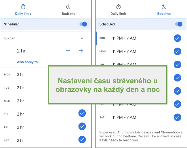 Screenshot obrazovky nastavení času aplikace Google Family Link na každý den a noc