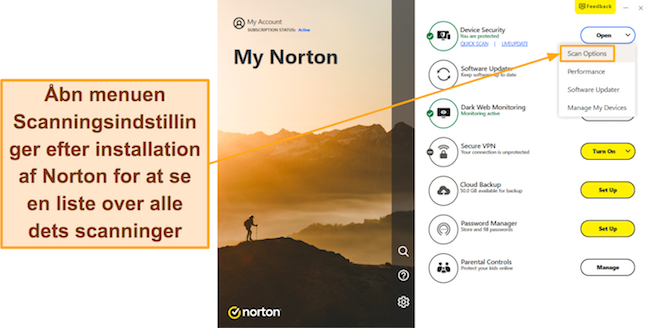 Skærmbillede, der viser, hvordan du får adgang til Nortons menu med scanningsindstillinger