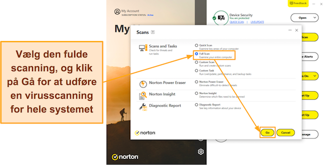 Sk&aelig;rmbillede, der viser, hvordan du starter Nortons fulde scanning