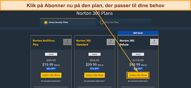 Skærmbillede af Nortons prisplaner