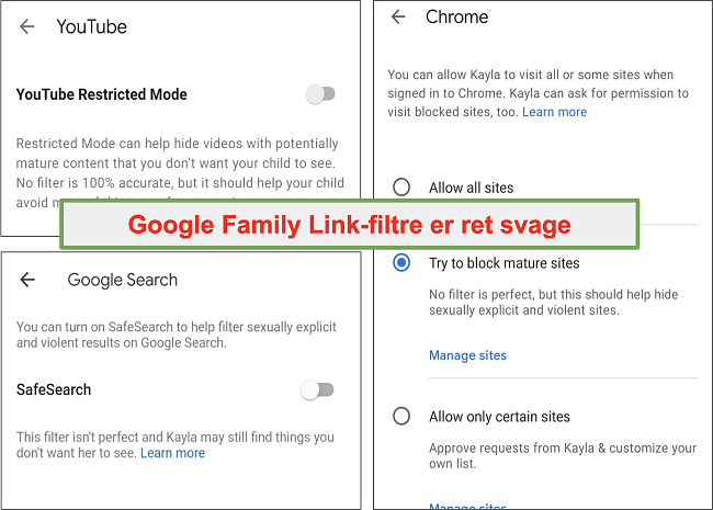 Skærmbillede af Google Family Links ret svage filtre