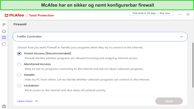McAfee antivirus firewall tilpasning skærmbillede