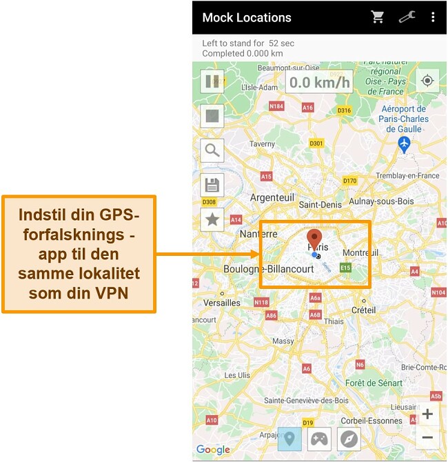 Skærmbillede af ændring af placeringen i en GPS-spoofing-app