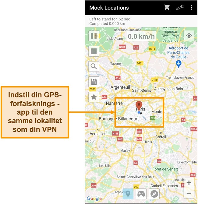 Sk&aelig;rmbillede af &aelig;ndring af placeringen i en GPS-spoofing-app