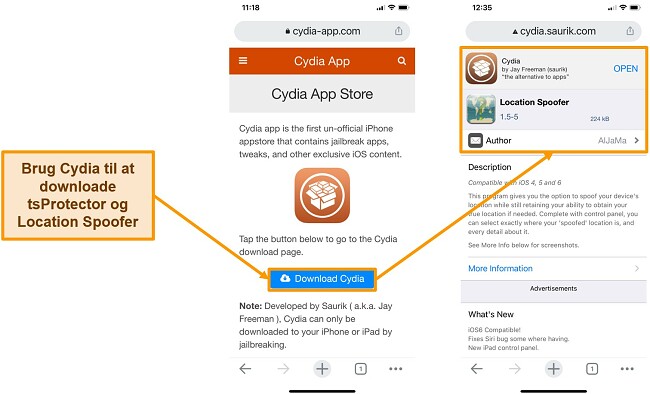 Sk&aelig;rmbillede af download af Cydia og Location Spoofer til iPhone