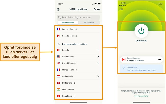 Sk&aelig;rmbillede af at oprette forbindelse til Canada-serveren i ExpressVPN iOS-appen