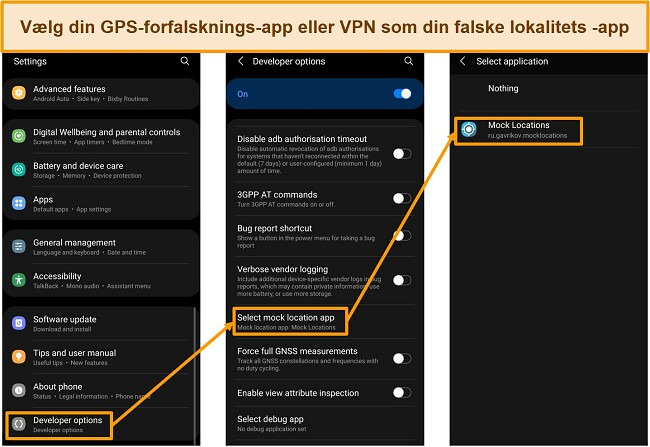 Sk&aelig;rmbilleder af valg af en mock-placeringsapp i Developer Options