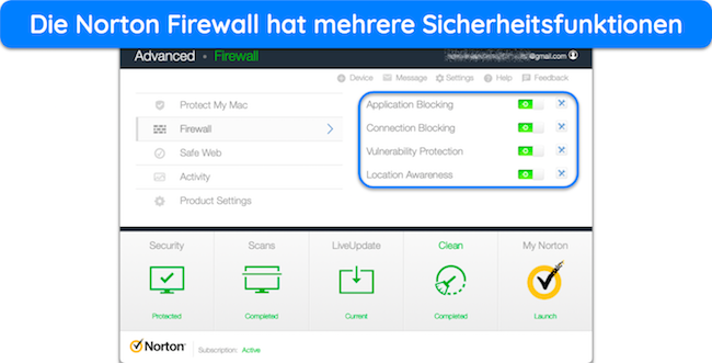 Screenshot, der die Sicherheitsfunktionen der Norton-Firewall zeigt