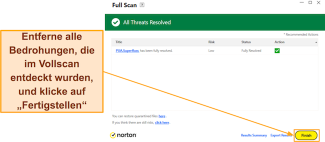 Screenshot, der zeigt, wie der vollständige Scan von Norton abgeschlossen wird