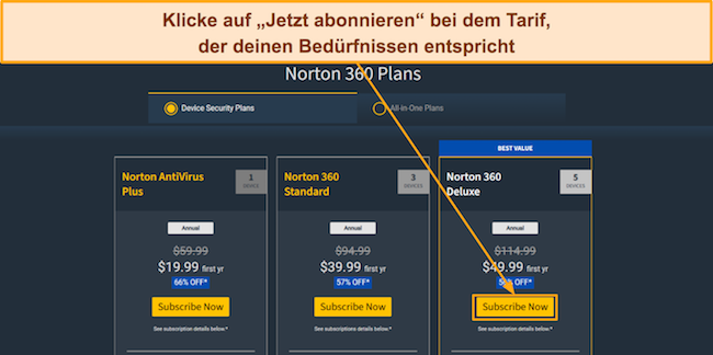 Screenshot der Preispläne von Norton