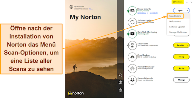 Screenshot, der zeigt, wie Sie auf das Scan-Optionsmenü von Norton zugreifen