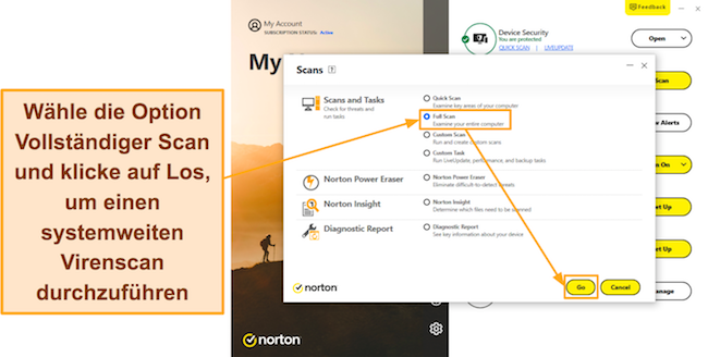 Screenshot, der zeigt, wie der vollständige Scan von Norton gestartet wird