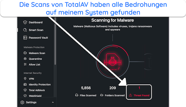 Screenshot des laufenden Virenscans von TotalAV