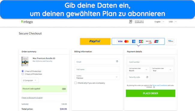 Screenshot, der zeigt, wie man einen Intego-Plan abonniert