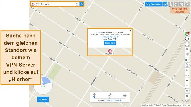 Anleitung zum Ändern des Pokémon GO-Standorts: Wählen Sie einen anderen Standort aus, klicken Sie auf 'Hierhin bewegen'