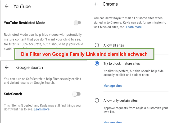 Screenshot der ziemlich schwachen Filter von Google Family Link