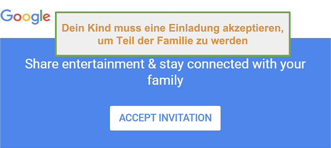 Screenshot der Einladung von Google Family Link zur Teilnahme