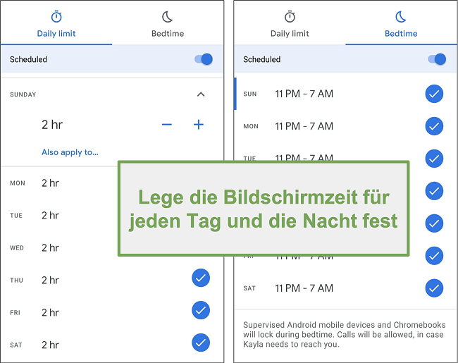 Screenshot der Bildschirmzeiteinstellungen von Google Family Link für jeden Tag und jede Nacht