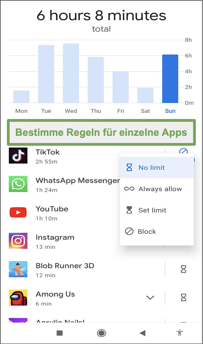 Screenshot der Regeln von Google Family Link für jede App-Einstellung