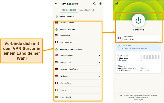 Screenshots der Verbindung mit einem VPN-Server