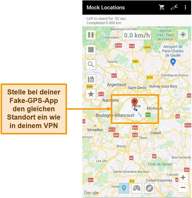 Screenshot der Standortänderung in einer GPS-Spoofing-App