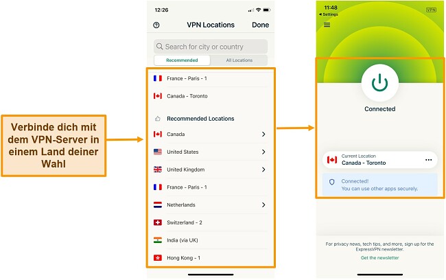 Screenshot der Verbindung mit dem kanadischen Server in der ExpressVPN iOS-App