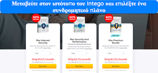 Στιγμιότυπο οθόνης που δείχνει τα διάφορα σχέδια τιμών της Intego