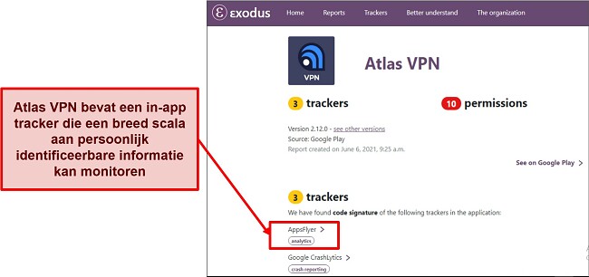 Screenshot dat laat zien dat Atlas VPN trackers op zijn apps heeft geïnstalleerd