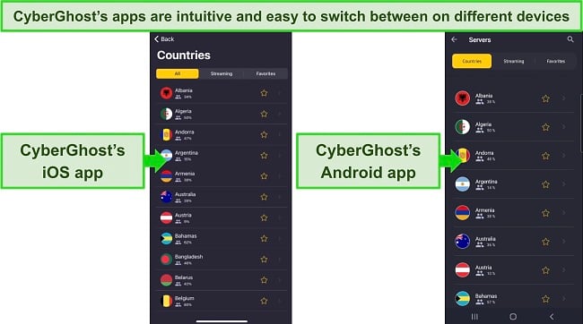 Screenshots of CyberGhost's iOS and Android apps, showing the similar app setups for different devices.