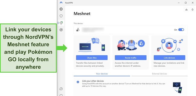 Image of NordVPN's Windows app, showing the Meshnet feature menu.