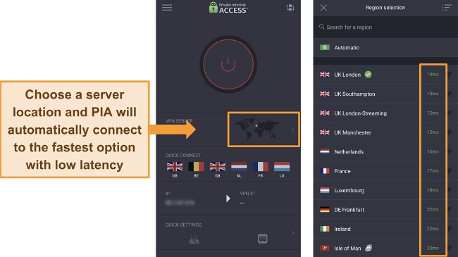 Images of PIA's iOS app, showing how to access the server menu and highlighting the low ping times for nearby servers.