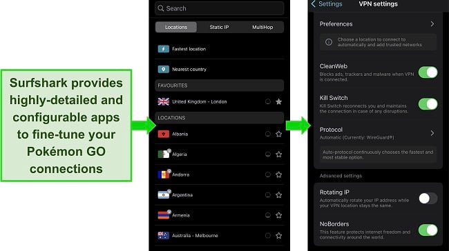 Images of Surfshark's iOS app, showing the detailed server and settings menus.