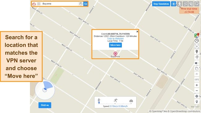 Screenshot of GPS-emulator showing a new location in the US, directing users to click 
