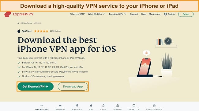 Screenshot of ExpressVPN's website, showing how to get or download ExpressVPN to iOS devices.
