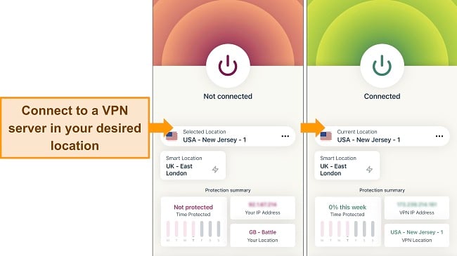 Images of ExpressVPN's iOS app, showing the interface when not connected in a UK location, and then connected to a US location.