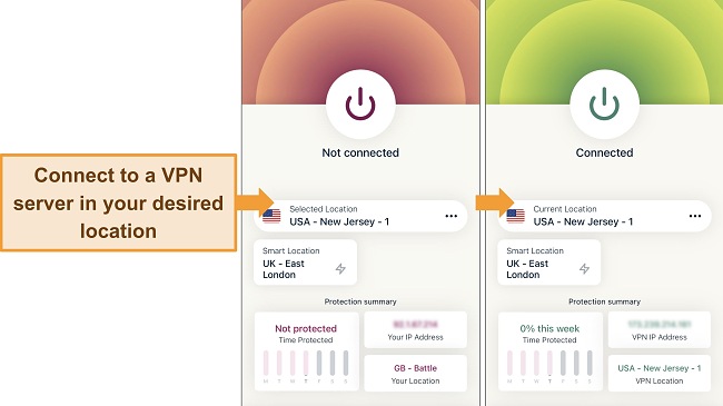 Images of ExpressVPN's iOS app, showing the interface when not connected in a UK location, and then connected to a US location.