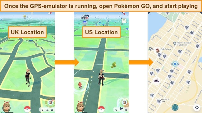 Images of Pokémon GO app, showing the differences when connected to a UK location and a geo-spoofed US location.