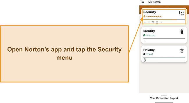 Screenshot showing how to access the Security menu on Norton's Android app