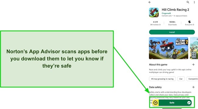 Screenshot of Norton's App Advisor highlighting that an app is safe