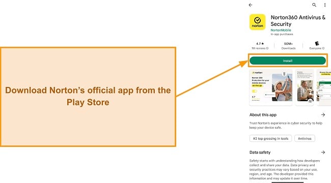 Screenshot of Norton's official app in the Google Play Store
