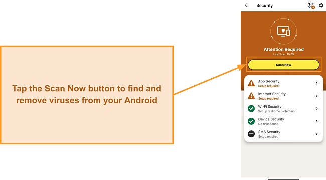 Screenshot showing how to start a scan in Norton Mobile Security