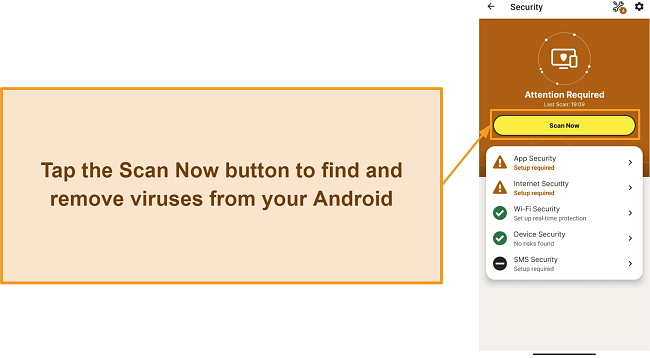Screenshot showing how to access the Security menu on Norton's Android app