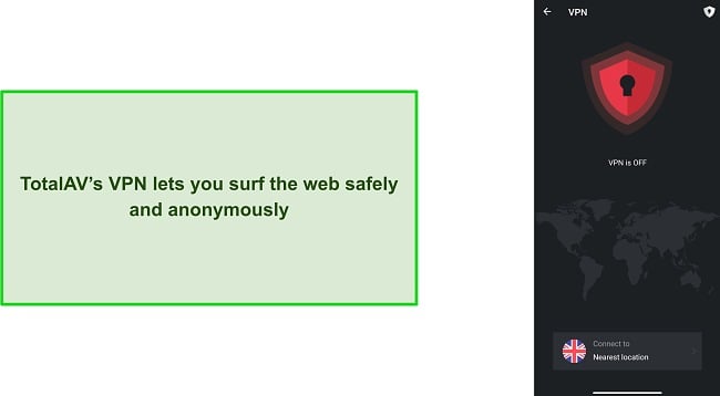 Screenshot of the TotalAV VPN interface, featured among the best Android antiviruses.