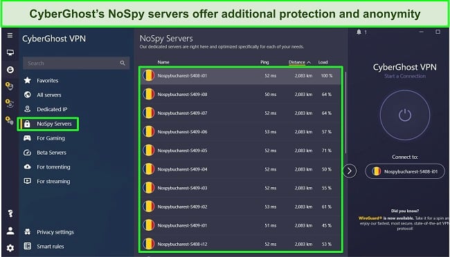 Screenshot of CyberGhost's NoSpy server list.