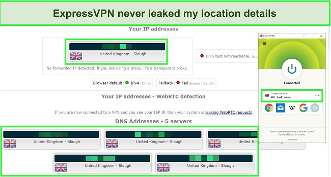Screenshot of an IP and DNS leak test carried out on an ExpressVPN server.