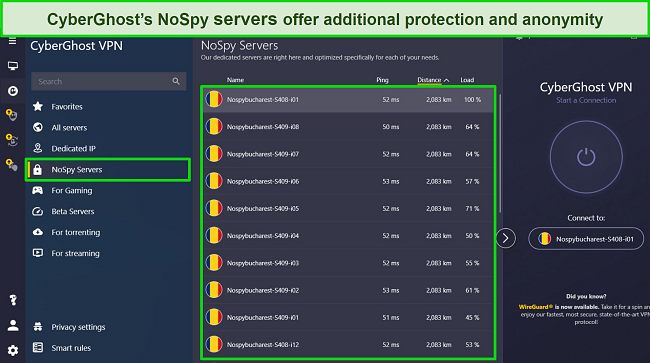 Screenshot of CyberGhost's Windows app with NoSpy server menu and servers highlighted.